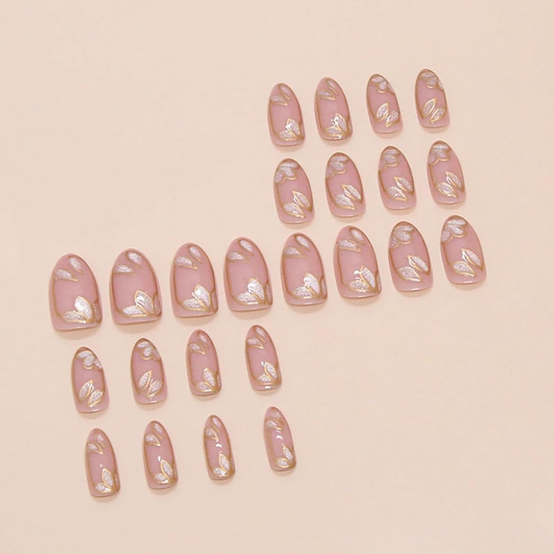 ASABITE 24 Pcs Nude Press on Nails Medium Almond Fake Nails with Glue Artificial Acrylic Nails Press ons with Golden Glitter Leaf Design Full Cover Reusable Stick on Nail for Women Girls Daily Wear - Image 3